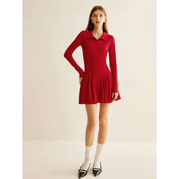 Commense Red Ribbed Knit Mini Dress Long Sleeve Polo Collar Fit and Flare Small - Picture 4 of 17